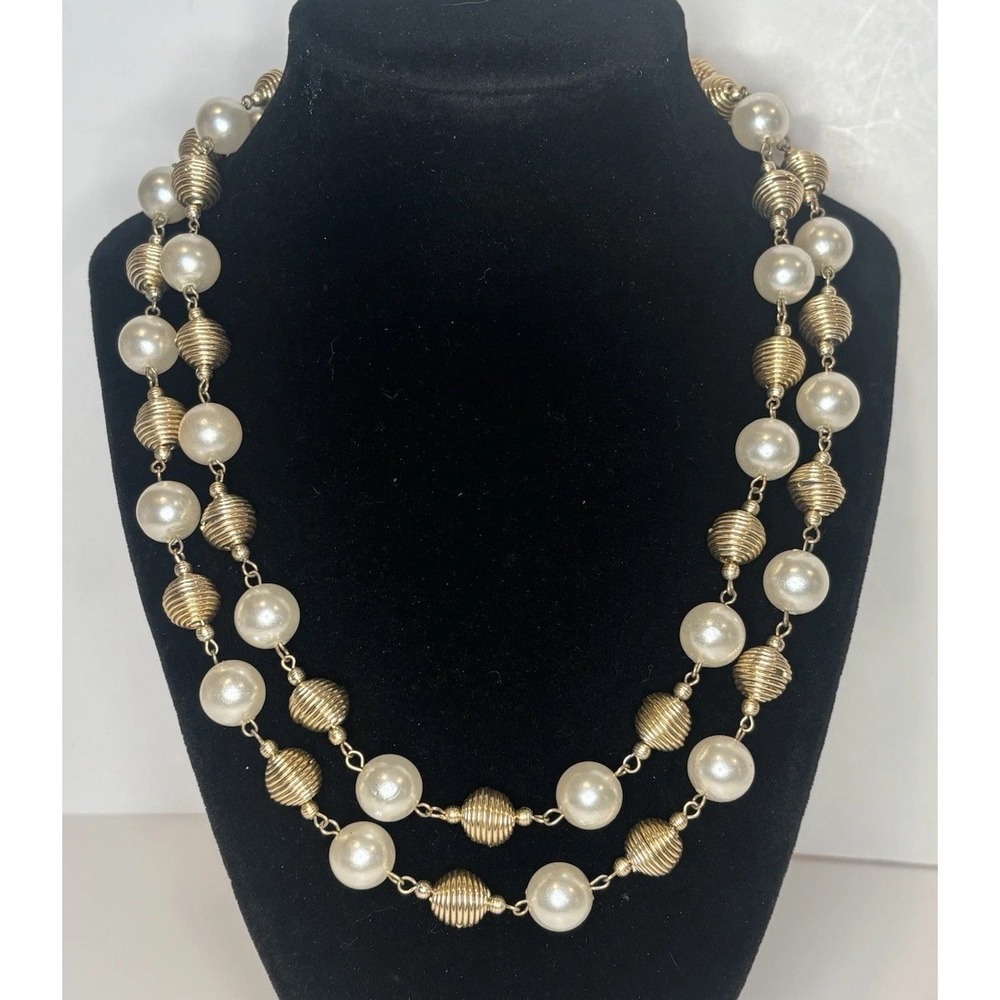 Vintage Double Strand Faux Pearl Necklace Gold Tone Ribbed Beads Hong Kong 19"